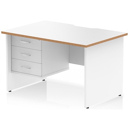 Oslo 1200 Scalloped and Wood Edge Rectangular Desk, Panel End Legs, White, With 3 Drawer Fixed Pedestal