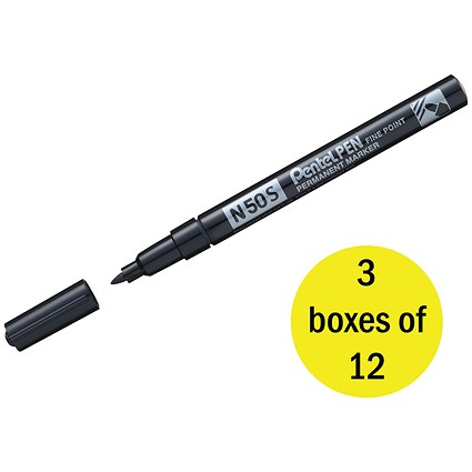 Pentel N50S Permanent Bullet Marker Fine Black (Pack of 12) - 3 Pack Saver Bundle