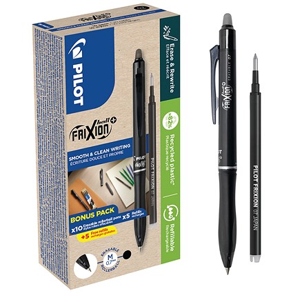 Pilot Greenpack Frixion Ball+ Rollerball Pen, Black, Box of 10 Pens + 10 Refills, Pack of 20