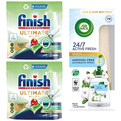 Finish Ultimate All in One Dishwasher Tablets, Pack of 100 - Buy 2 Get Air Wick Active Fresh Aerosol-Free Automatic Spray Set, Fresh Cotton, 228ml Free