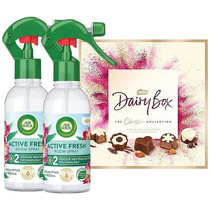 Buy 2 Air Wick Active Fresh Room Spray Eucalyptus and Fressia 237ml + FOC Dairy Box Chocolates