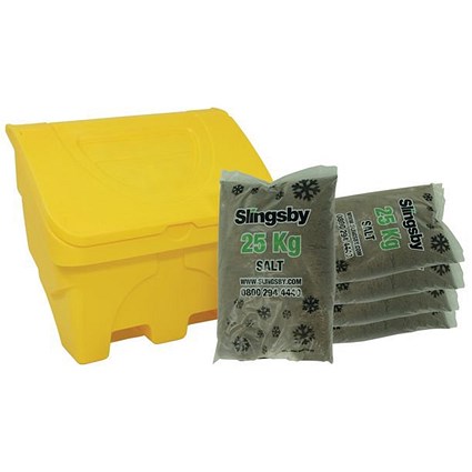 Salt and Grit Bin with 125kg Brown Rock Salt, 130 Litre, Yellow