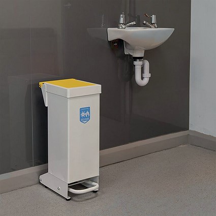 Fire Retardant Steel Sackholder Pedal Bin, 28 Litre, White Body with Yellow Lid