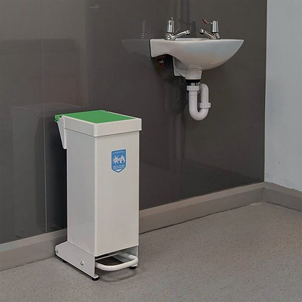 Fire Retardant Steel Sackholder Pedal Bin, 28 Litre, White Body with Green Lid