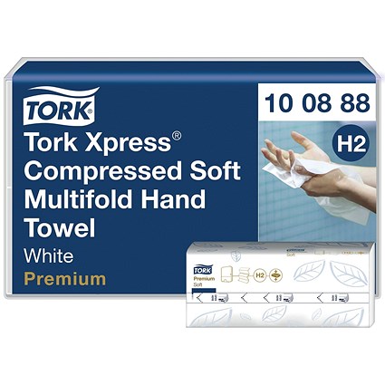 Tork H2 Xpress Compressed Soft 2-Ply M-Fold Multifold Hand Towels, White, Pack of 2040