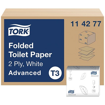 Tork T3 Folded Toilet Paper, 2-Ply, White, 242 Sheets, Pack of 36