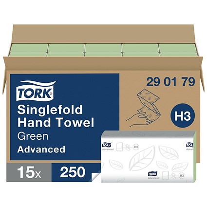 Tork H3 2-Ply V-Fold Singlefold Hand Towels, Green, Pack of 3750