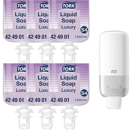 Tork S4 Luxury Soft Liquid Soap, 1 Litre, Pack of 6 - Get Free Dispenser