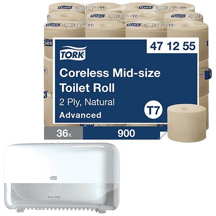 Tork Coreless Mid Toilet Roll, 2-Ply, Advanced Natural, 36 Rolls of 900 Sheets - Get Tork T7 Coreless Mid-Size Toilet Paper Dispenser, White Free