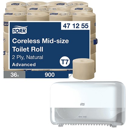 Tork Coreless Mid Toilet Roll, 2-Ply, Advanced Natural, 36 Rolls of 900 Sheets - Get Tork T7 Coreless Mid-Size Toilet Paper Dispenser White Free