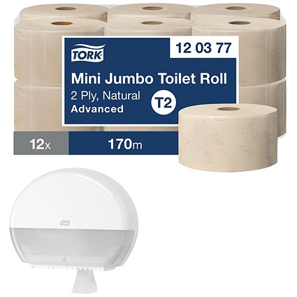 Tork Advanced Mini Jumbo Toilet Roll, 2-Ply, Natural, Pack of 12 - Get Tork Mini Jumbo Roll Dispenser Free