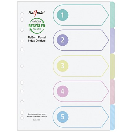 Snopake Reborn Index Dividers, 5-Part, Blank Multicoloured Tabs, A4, Assorted Pastel Colours, Pack of 5