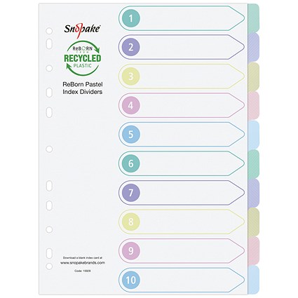 Snopake Reborn Index Dividers, 10-Part, Blank Multicoloured Tabs, A4, Assorted Pastel Colours, Pack of 5