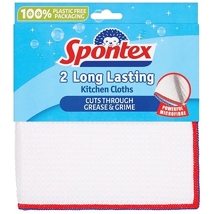 Spontex Long Lasting Kitchen Cloths, 360x360mm, White, Pack of 2