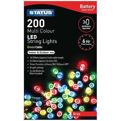 Graz 200 LED String Lights, Battery Operated, Multicoloured