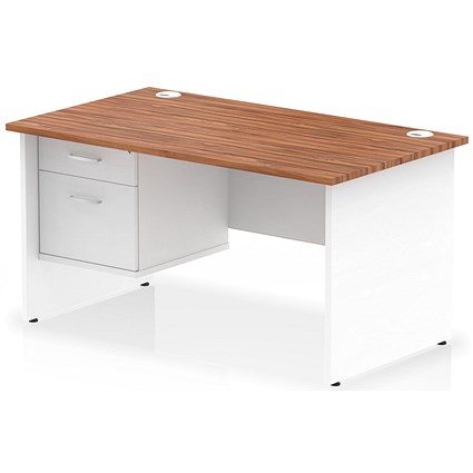 Impulse 1400mm Two-Tone Rectangular Desk, White Panel End Leg, Walnut, With 2 Drawer Fixed Pedestal