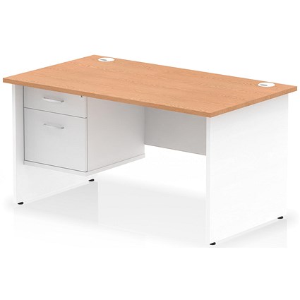 Impulse 1400mm Two-Tone Rectangular Desk, White Panel End Leg, Oak, With 2 Drawer Fixed Pedestal