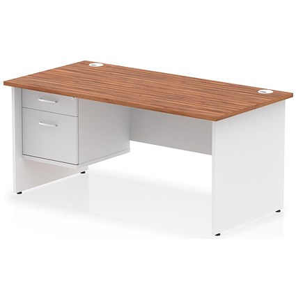 Impulse 1600mm Two-Tone Rectangular Desk, White Panel End Leg, Walnut, With 2 Drawer Fixed Pedestal