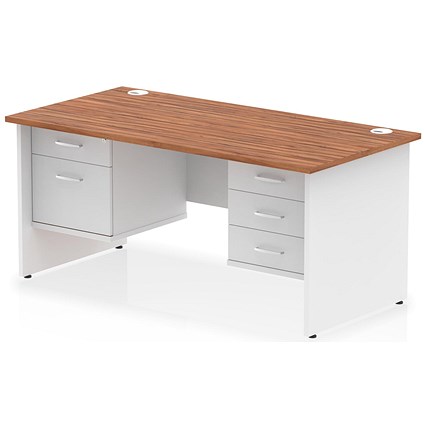 Impulse 1600mm Two-Tone Rectangular Desk, White Panel End Leg, Walnut, With 2 Drawer and 3 Drawer Fixed Pedestal