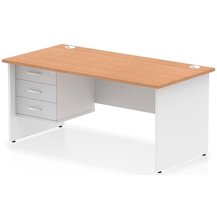 Impulse 1600mm Two-Tone Rectangular Desk, White Panel End Leg, Oak, With 3 Drawer Fixed Pedestal