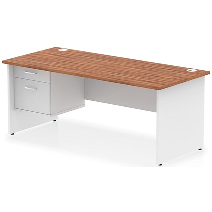 Impulse 1800mm Two-Tone Rectangular Desk, White Panel End Leg, Walnut, With 2 Drawer Fixed Pedestal