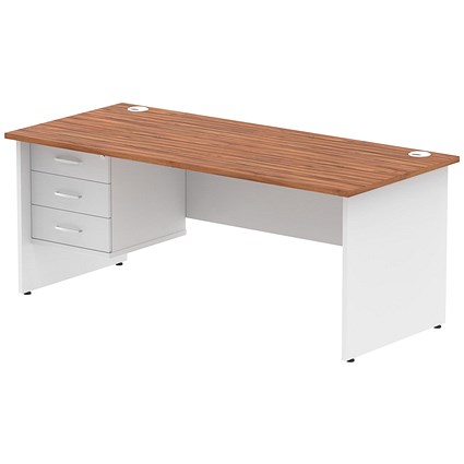 Impulse 1800mm Two-Tone Rectangular Desk, White Panel End Leg, Walnut, With 3 Drawer Fixed Pedestal