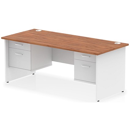 Impulse 1800mm Two-Tone Rectangular Desk, White Panel End Leg, Walnut, With 2 x 2 Drawer Fixed Pedestal