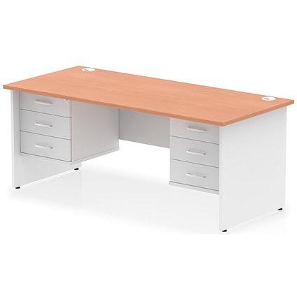 Impulse 1800mm Two-Tone Rectangular Desk, White Panel End Leg, Beech, With 2 x 3 Drawer Fixed Pedestal