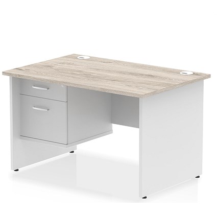 Impulse 1200mm Two-Tone Rectangular Desk, White Panel End Leg, Grey Oak, With 2 Drawer Fixed Pedestal