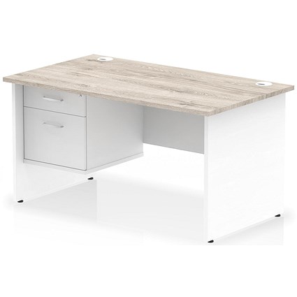 Impulse 1400mm Two-Tone Rectangular Desk, White Panel End Leg, Grey Oak, With 2 Drawer Fixed Pedestal