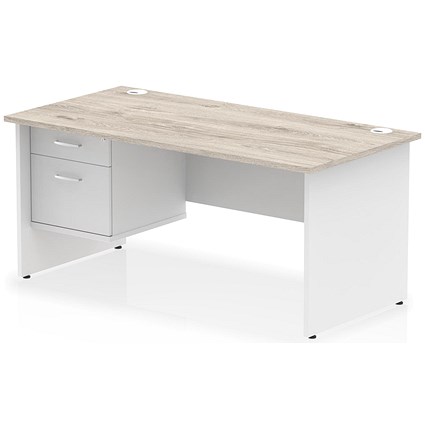 Impulse 1600mm Two-Tone Rectangular Desk, White Panel End Leg, Grey Oak, With 2 Drawer Fixed Pedestal