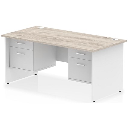 Impulse 1600mm Two-Tone Rectangular Desk, White Panel End Leg, Grey Oak, With 2 x 2 Drawer Fixed Pedestal