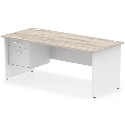 Impulse 1800mm Two-Tone Rectangular Desk, White Panel End Leg, Grey Oak, With 2 Drawer Fixed Pedestal