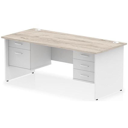 Impulse 1800mm Two-Tone Rectangular Desk, White Panel End Leg, Grey Oak, With 2 Drawer and 3 Drawer Fixed Pedestal