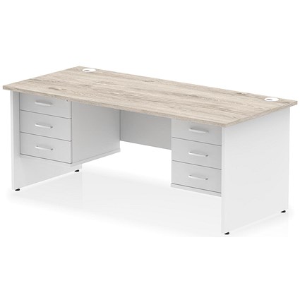 Impulse 1800mm Two-Tone Rectangular Desk, White Panel End Leg, Grey Oak, With 2 x 3 Drawer Fixed Pedestal