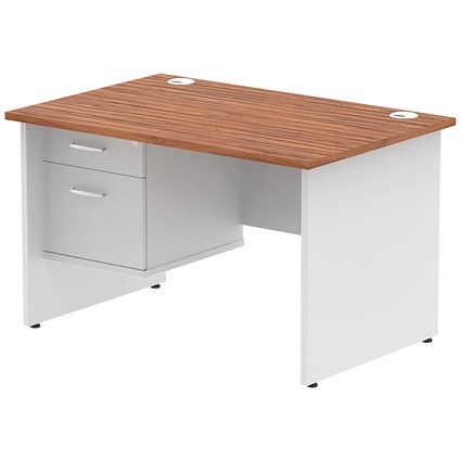 Impulse 1200mm Two-Tone Rectangular Desk, White Panel End Leg, Walnut, With 2 Drawer Fixed Pedestal