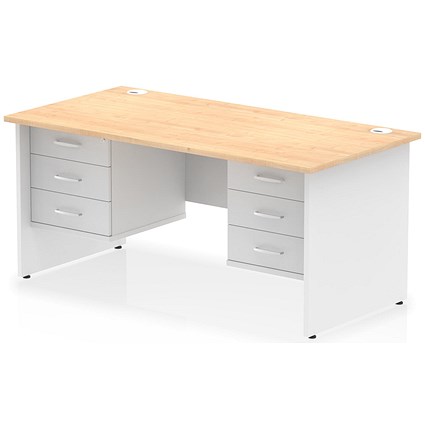 Impulse 1600mm Two-Tone Rectangular Desk, White Panel End Leg, Maple, With 2 x 3 Drawer Fixed Pedestal