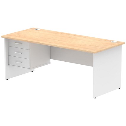 Impulse 1800mm Two-Tone Rectangular Desk, White Panel End Leg, Maple, With 3 Drawer Fixed Pedestal