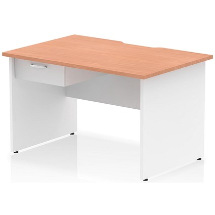 Impulse 1200mm Two-Tone Scalloped Edge Rectangular Desk, White Panel End Legs, Beech, With 1 x 1 Drawer Fixed Pedestal