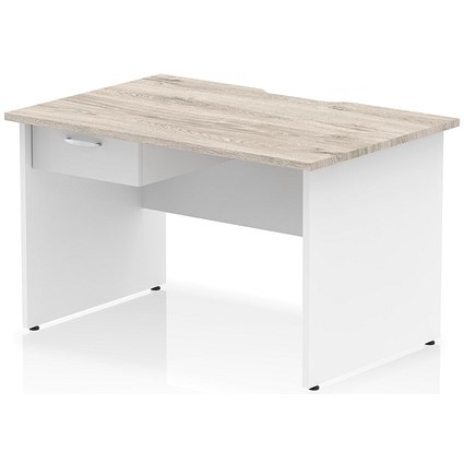 Impulse 1200mm Two-Tone Scalloped Edge Rectangular Desk, White Panel End Legs, Grey Oak, With 1 x 1 Drawer Fixed Pedestal