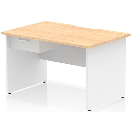 Impulse 1200mm Two-Tone Scalloped Edge Rectangular Desk, White Panel End Legs, Maple, With 1 x 1 Drawer Fixed Pedestal