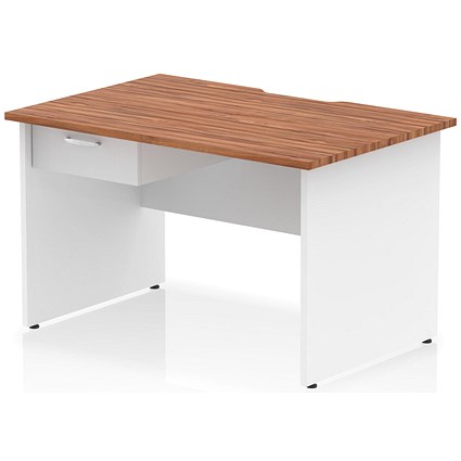 Impulse 1200mm Two-Tone Scalloped Edge Rectangular Desk, White Panel End Legs, Walnut, With 1 x 1 Drawer Fixed Pedestal