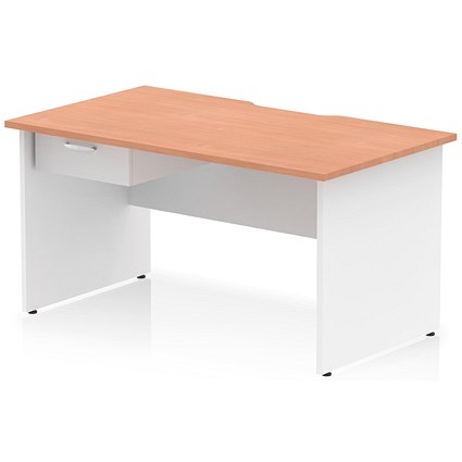 Impulse 1400mm Two-Tone Scalloped Edge Rectangular Desk, White Panel End Legs, Beech, With 1 x 1 Drawer Fixed Pedestal