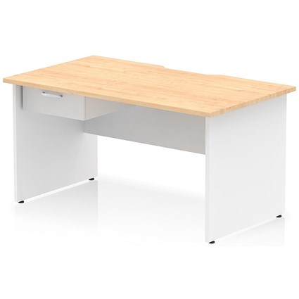 Impulse 1400mm Two-Tone Scalloped Edge Rectangular Desk, White Panel End Legs, Maple, With 1 x 1 Drawer Fixed Pedestal