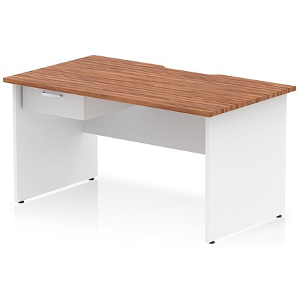 Impulse 1400mm Two-Tone Scalloped Edge Rectangular Desk, White Panel End Legs, Walnut, With 1 x 1 Drawer Fixed Pedestal