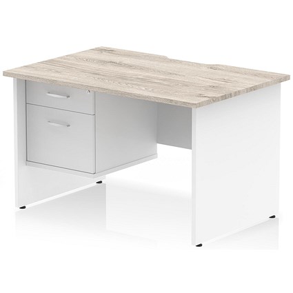 Impulse 1200mm Two-Tone Scalloped Edge Rectangular Desk, White Panel End Legs, Grey Oak, With 1 x 2 Drawer Fixed Pedestal