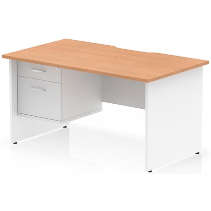 Impulse 1400mm Two-Tone Scalloped Edge Rectangular Desk, White Panel End Legs, Oak, With 1 x 2 Drawer Fixed Pedestal