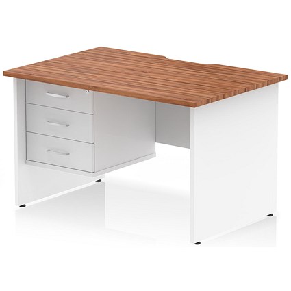 Impulse 1200mm Two-Tone Scalloped Edge Rectangular Desk, White Panel End Legs, Walnut, With 1 x 3 Drawer Fixed Pedestal