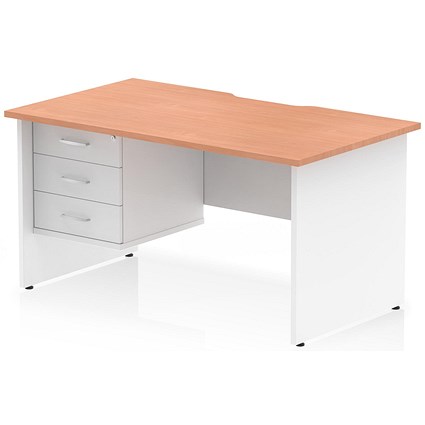 Impulse 1400mm Two-Tone Scalloped Edge Rectangular Desk, White Panel End Legs, Beech, With 1 x 3 Drawer Fixed Pedestal