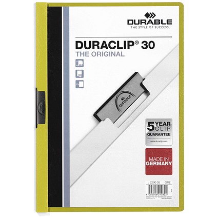 Durable A4 Duraclip Folders, 3mm Spine, Green, Pack of 25